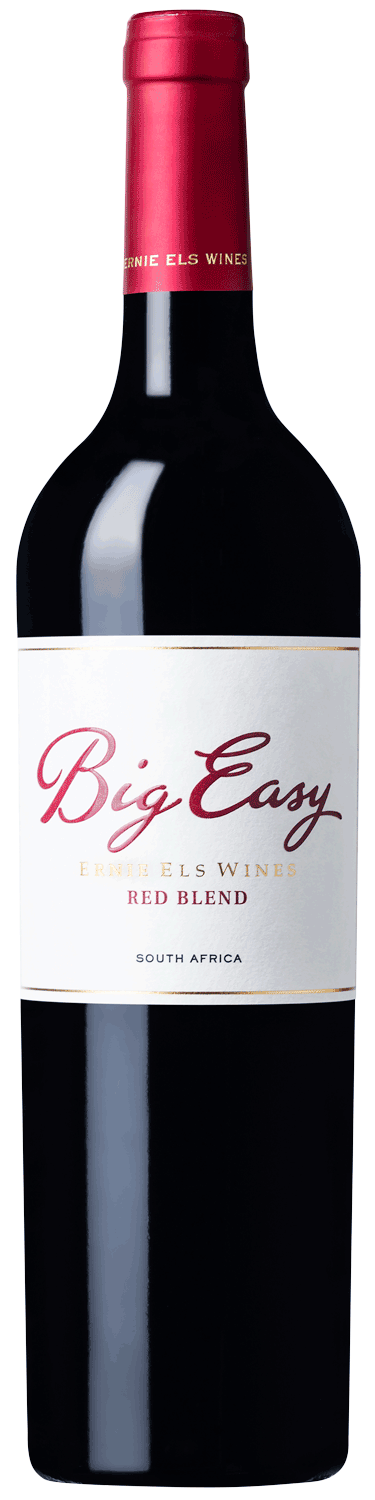 Eine Flasche Big Easy Red Blend von Ernie Els Wines mit rotem Foliendach und weißem Etikett mit goldener und roter Aufschrift, die darauf hinweist, dass es sich um einen südafrikanischen Wein handelt.