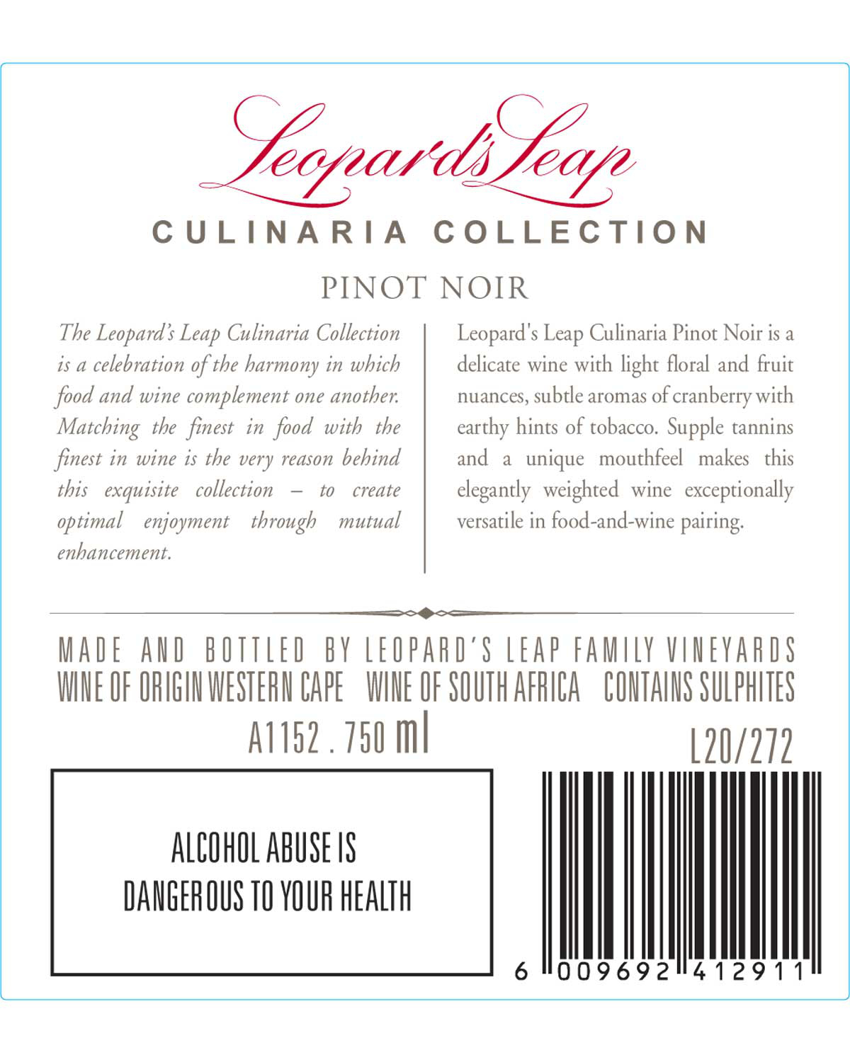 Weinflaschenetikett für Leopards Leap Culinaria Collection Pinot Noir, mit Angaben zum Wein, Verkostungsnotizen, Herkunft (Südafrika), Alkoholwarnung und Barcode, alles in eleganten Schriftarten auf weißem Hintergrund mit rotem und schwarzem Text.
