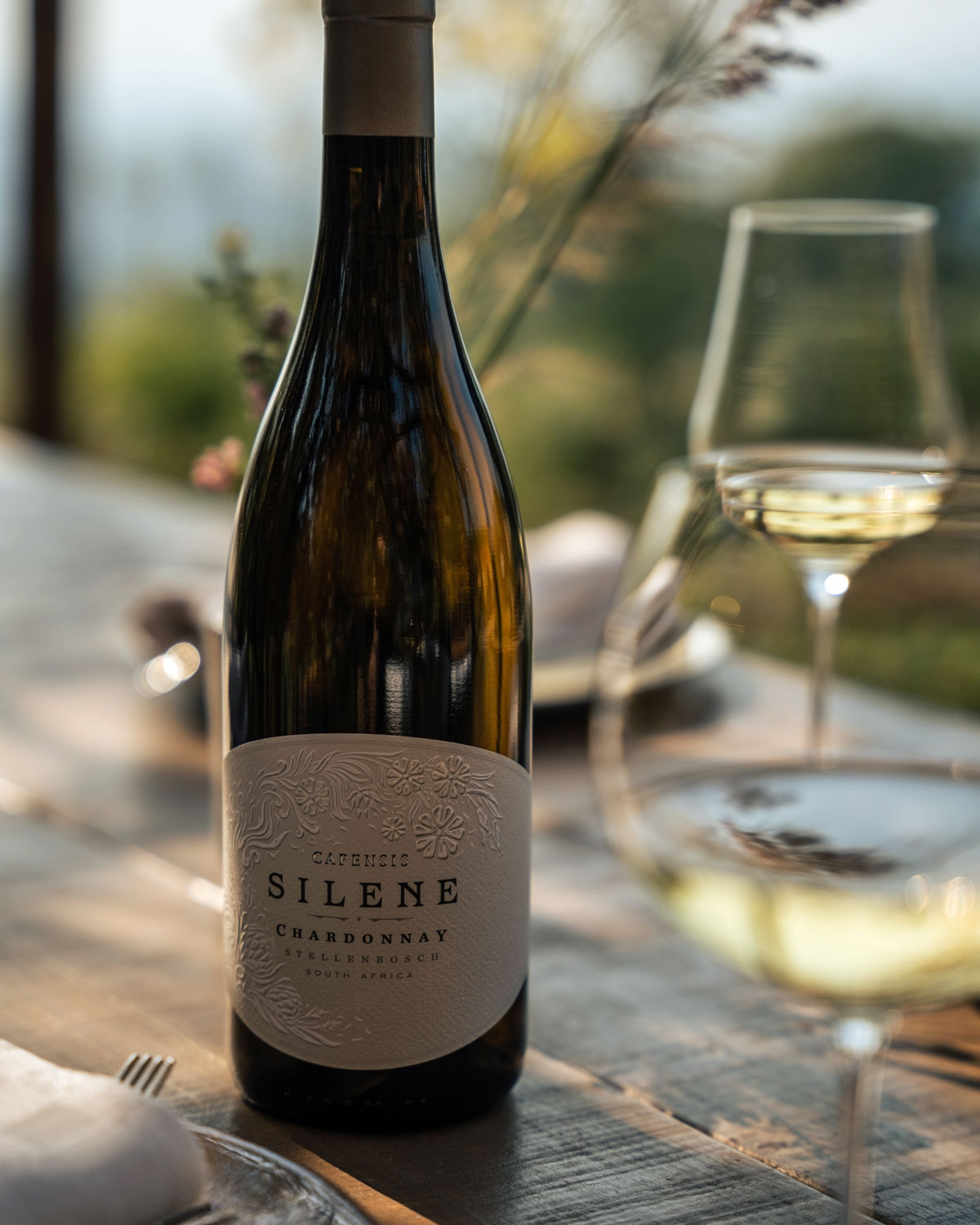Eine Flasche Silene Chardonnay Wein mit einem silbernen Folienverschluss und einem geprägten weißen Etikett mit floralen Motiven und schwarzem Text, das angibt, dass er aus Stellenbosch, Südafrika, stammt.