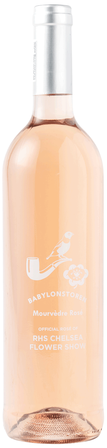 Eine Klarglasflasche Babylonstoren Mourvèdre Rosé mit weißem Etikett mit Vogel- und Blumenmotiv und dem Text, dass es sich um den offiziellen Rosé der RHS Chelsea Flower Show handelt.