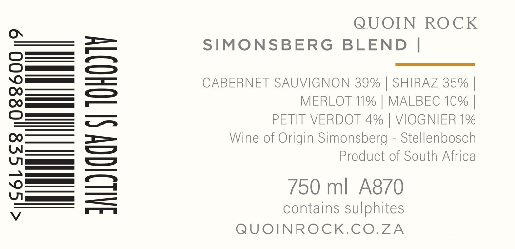 Weinetikett für Quoin Rock Simonsberg Blend. Aufgelistet sind Rebsorten und deren Anteile, Herkunft in Stellenbosch, Südafrika, 750 ml, enthält Sulfite, Warnhinweis "Alkohol macht süchtig" und ein Strichcode auf der linken Seite.