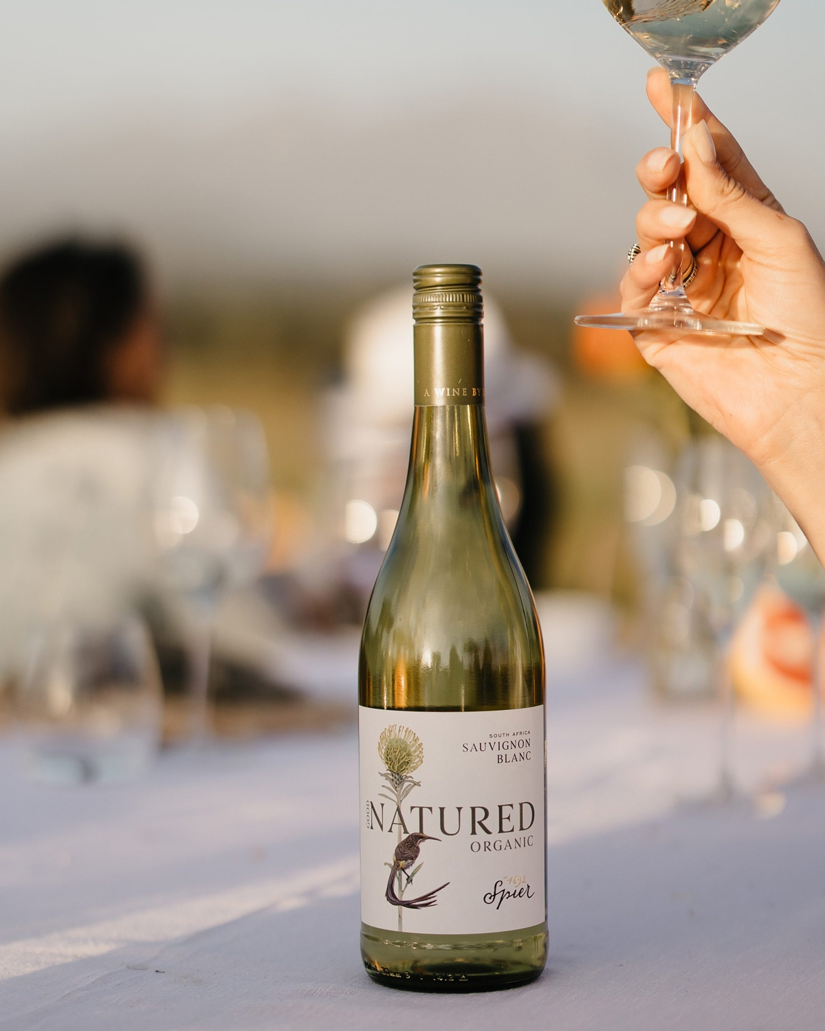 Eine Flasche Spier NATURED Organic Sauvignon Blanc steht auf einem weißen Tischtuch im Freien. Eine Hand hält ein Weinglas hoch, Menschen und ein verschwommener landschaftlicher Hintergrund sind zu sehen.