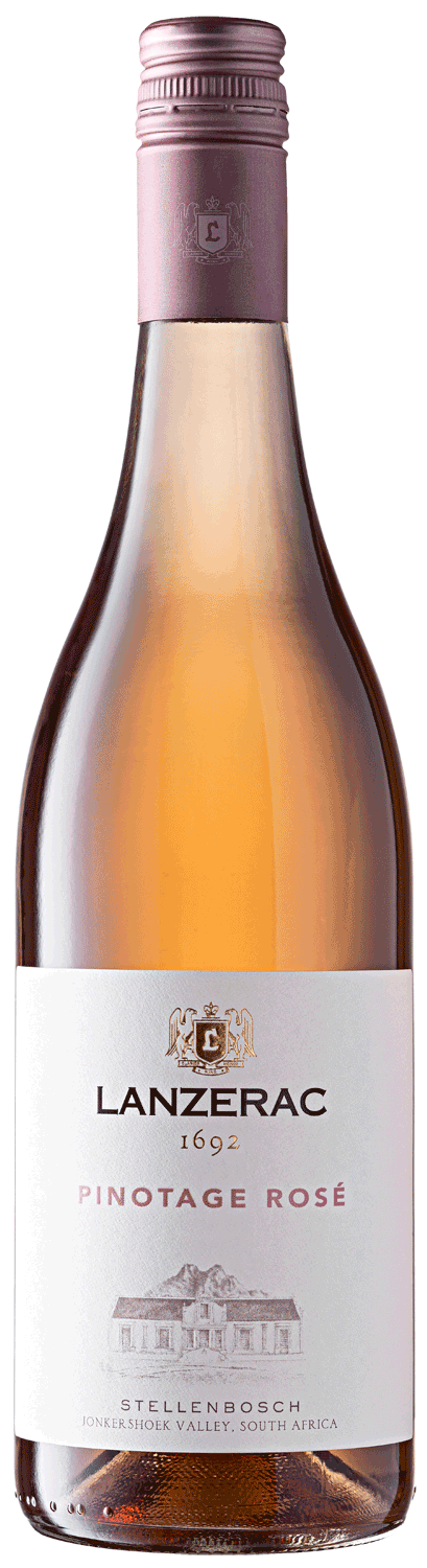 Eine Flasche Lanzerac Pinotage Rosé Wein mit rosafarbenem Etikett und Verschluss. Auf dem Etikett befinden sich das Lanzerac-Logo, die Skizze eines Gebäudes und der Hinweis, dass der Wein aus Stellenbosch, Südafrika, stammt.
