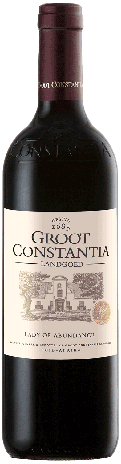 Eine Flasche Groot Constantia Lady of Abundance Rotwein mit einem cremefarbenen Etikett mit einer Skizze eines historischen Gebäudes und dem Emblem einer Goldmedaille sowie einer kastanienbraunen Folie am Hals.