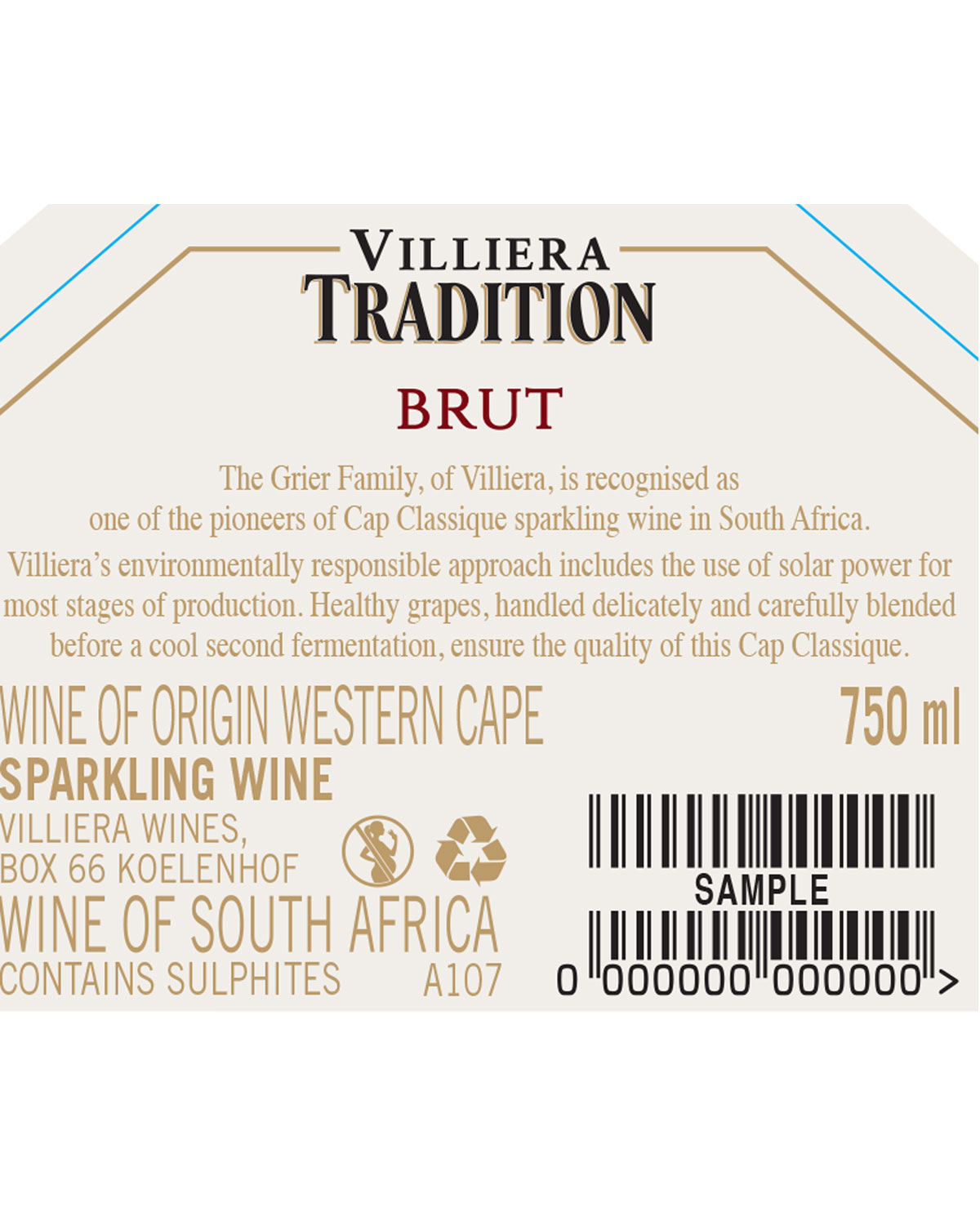 Weinetikett für Villiera Tradition Brut, einen Schaumwein aus Westkap, Südafrika. Das Etikett hebt die solarbetriebene Produktion, die Umweltorientierung und die Qualitätssicherung hervor. Auf dem Etikett ist SAMPLE eingeprägt.