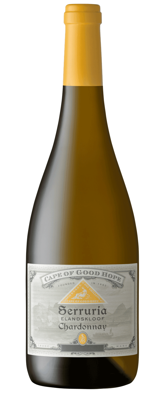 Eine Flasche des Weins Cape of Good Hope Serruria ElandsKloof Chardonnay mit einem gelben Wachssiegel und einem weißen Etikett mit schwarzem und goldenem Text und einer Landschaftsdarstellung.