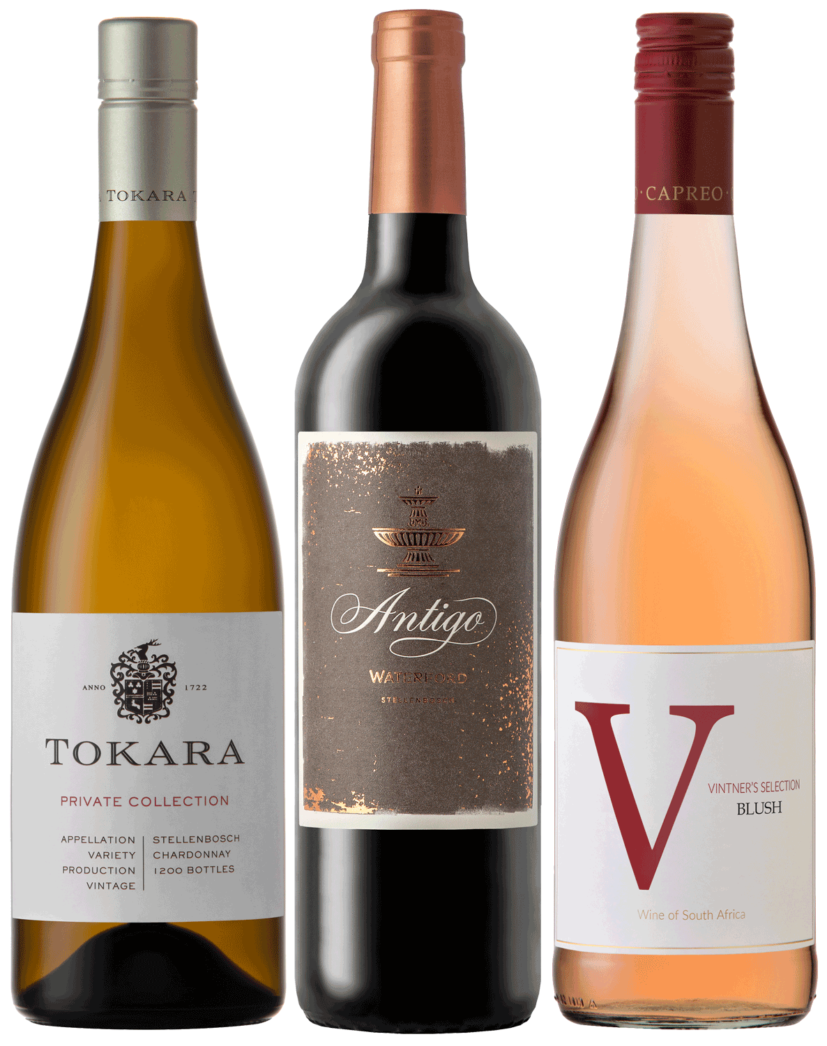 Drei Weinflaschen stehen nebeneinander: ein Tokara Private Collection-Weißwein, ein Antigo-Rotwein und ein Capreo Vintners Selection-Blush-Wein, jede mit eigenen Etiketten und Farben.