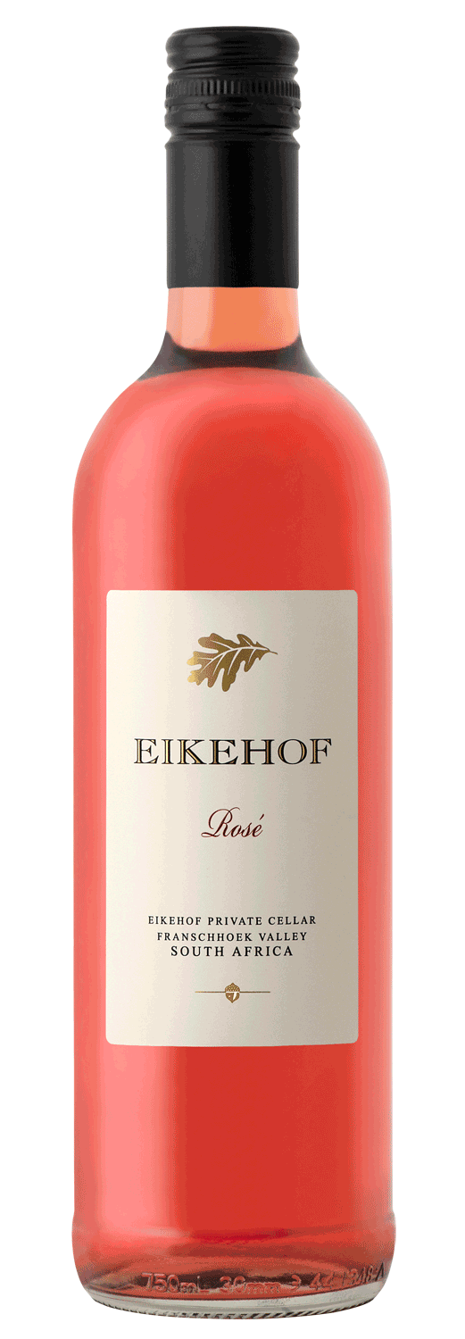 Eine Flasche Eikehof Roséwein mit schwarzem Schraubverschluss, transparentem Glas, auf dem die rosafarbene Flüssigkeit zu sehen ist, und weißem Etikett mit goldener Schrift und Eichenblattmotiv.