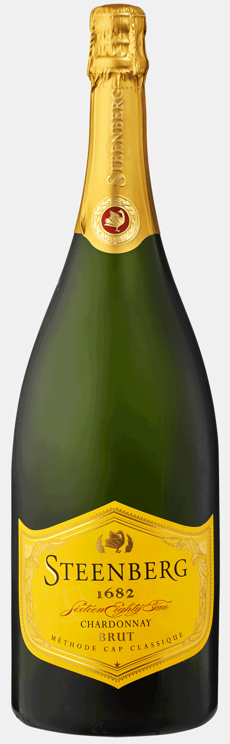 Eine große Flasche Steenberg 1682 Chardonnay Brut Schaumwein mit einem Hals aus Goldfolie und einem leuchtend gelben Etikett mit dem Markennamen und der Beschreibung.
