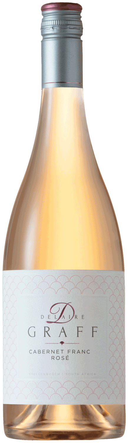 Eine Flasche Delaire Graff Cabernet Franc Rosé mit zartrosa Farbton, silbernem Schraubverschluss und weißem Etikett mit zarten rosa Mustern und elegantem Text.