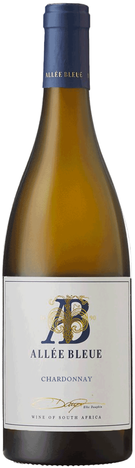 Eine Flasche Allée Bleue Chardonnay Wein mit blauem Verschluss und weißem Etikett mit goldener und blauer Aufschrift. Auf dem Etikett steht Allée Bleue Chardonnay und weist darauf hin, dass es sich um einen Wein aus Südafrika handelt.