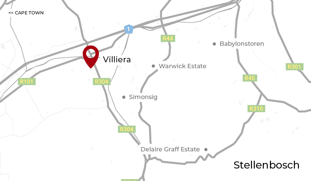Eine einfache Karte, die Villiera an der R304 in der Nähe von Stellenbosch zeigt. Die nahegelegenen Ländereien und Hauptstraßen (R44, R101, R45, R310, R301) sind eingezeichnet. Kapstadt ist im Nordwesten eingezeichnet.