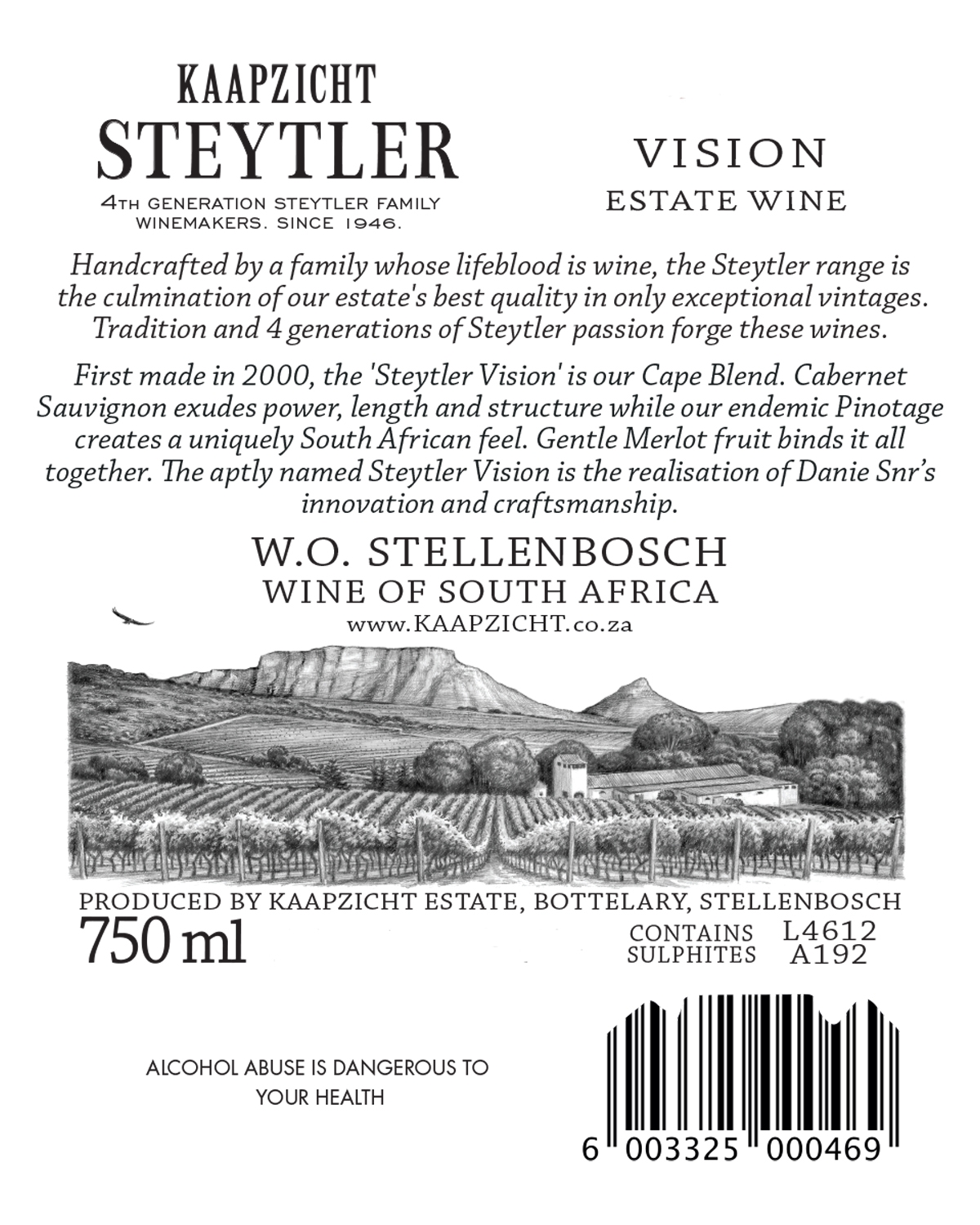 Eine Flasche Kaapzicht Steytler Vision Rotwein mit einem dunklen Glaskörper, einem cremefarbenen Etikett mit schwarzer Schrift und einem kupferfarbenen Halsetikett mit der Aufschrift Kaapzicht Since 1946 Steytler.