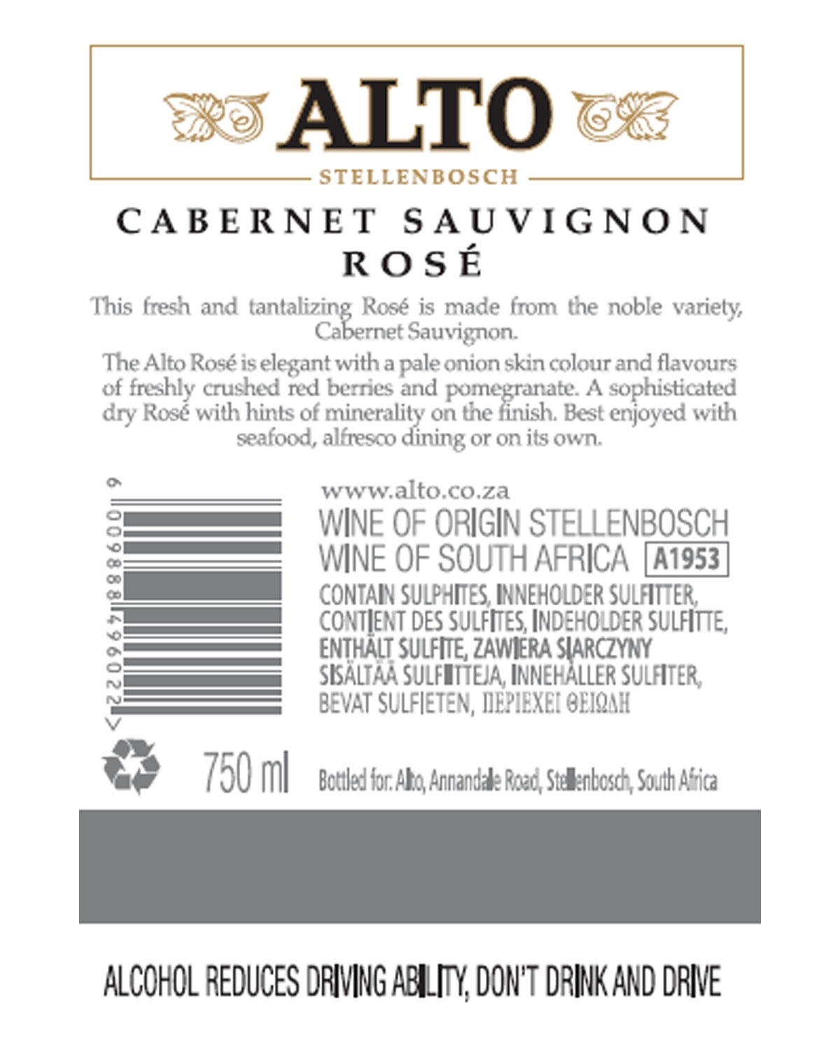 Weinflaschenetikett für Alto Stellenbosch Cabernet Sauvignon Rosé. Beschreibt die Farbe und die Geschmacksnoten des Weins. Enthält Herkunft, Volumen (750 ml), Zutaten und einen Hinweis auf verantwortungsbewusstes Trinken am unteren Rand.
