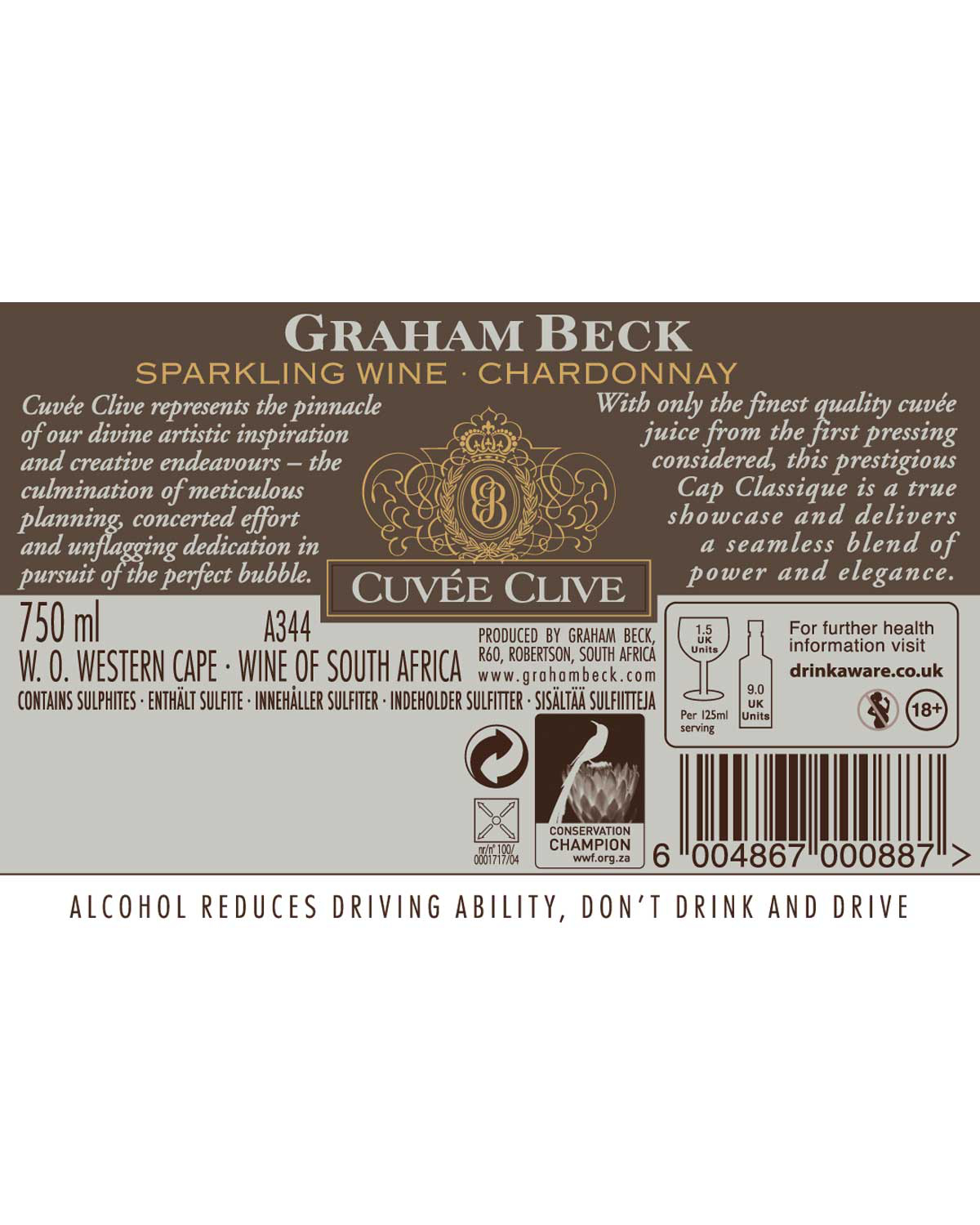 Etikett für Graham Beck Sparkling Wine Chardonnay, Cuvée Clive, mit goldenen und braunen Farben, Produktangaben, Alkoholwarnungen, Strichcodes und beschreibendem Text über Qualität und Eleganz.