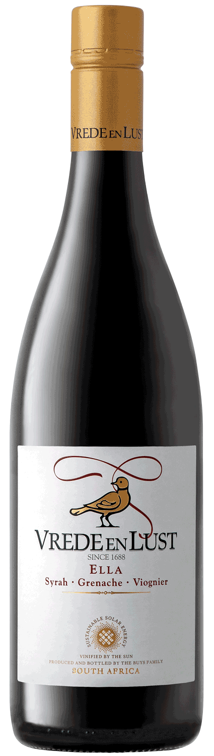 Eine Flasche Vrede en Lust Rotwein mit der Aufschrift "Ella", die eine Vogelillustration zeigt und die Trauben Syrah, Grenache und Viognier aufführt. Der Wein wird in Südafrika hergestellt und hat eine goldene Kapsel.