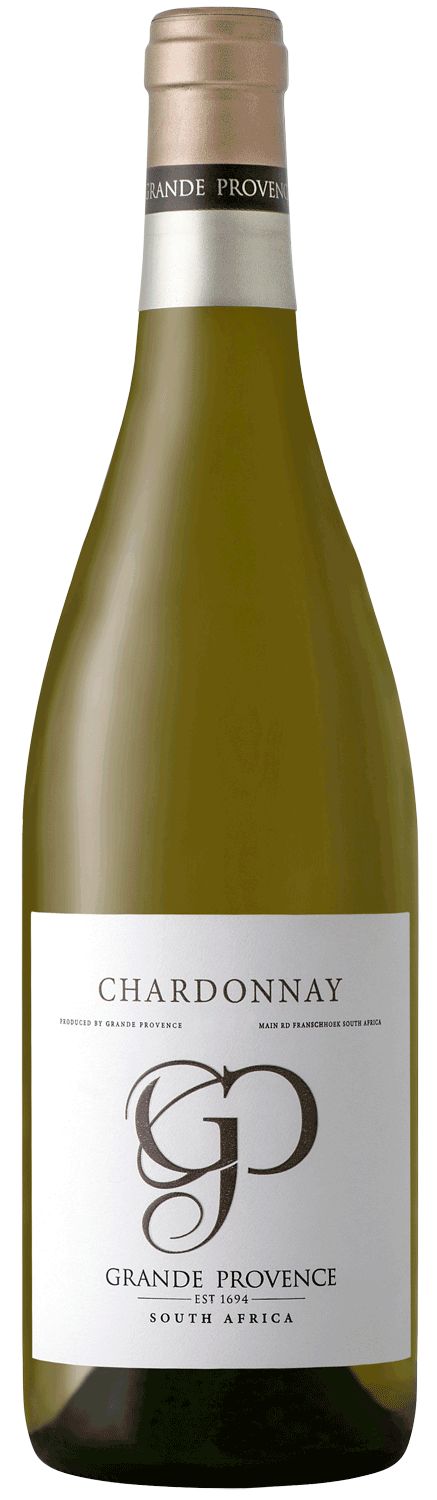 Eine Flasche Grande Provence Chardonnay Wein aus Südafrika mit einem weißen Etikett, auf dem in großen Buchstaben GP und oben Chardonnay steht. Die Flasche hat eine Goldfolie um den Hals.