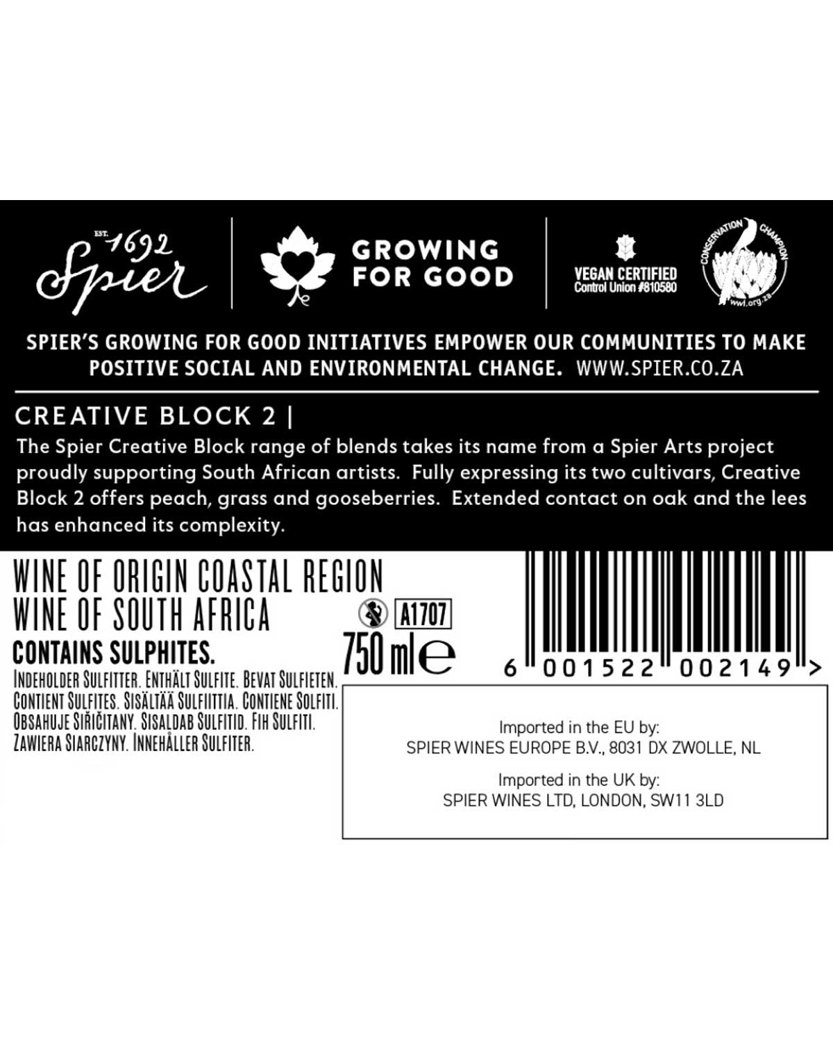Weinflaschenetikett für Spier Creative Block 2. Enthält Weinbeschreibung, Herkunft (Südafrika), vegane Zertifizierung, Umweltbotschaft, Volumen (750 ml), Barcode und Herstellerinformationen. Weißer Text auf schwarzem Hintergrund.