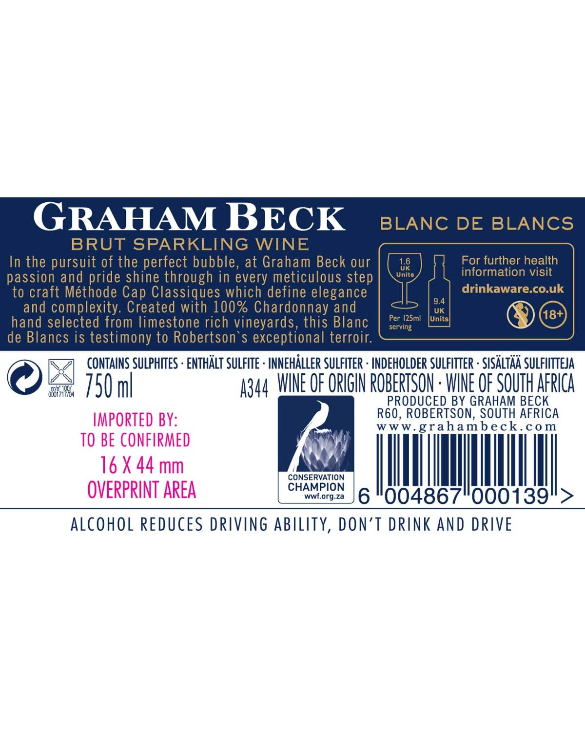 Etikett für Graham Beck Brut Sparkling Wine mit Angabe der Herkunft (Robertson, Südafrika), des Volumens (750 ml) und Warnhinweisen zu Sulfiten und Alkoholkonsum. Blaues und weißes Design mit Angaben zur Marke und zum Produkt.