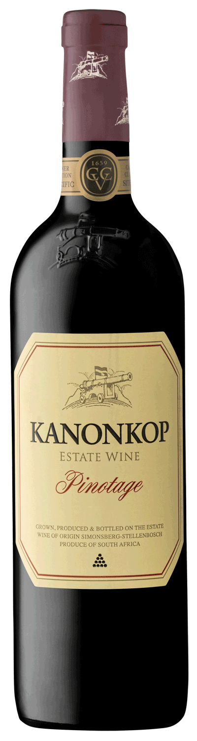 Eine Flasche Kanonkop Estate Wine Pinotage mit einem cremefarbenen Etikett, roter Kapsel und goldenen Akzenten. Auf dem Etikett ist eine Kanone abgebildet und der Text weist darauf hin, dass er in Stellenbosch, Südafrika, hergestellt wird.