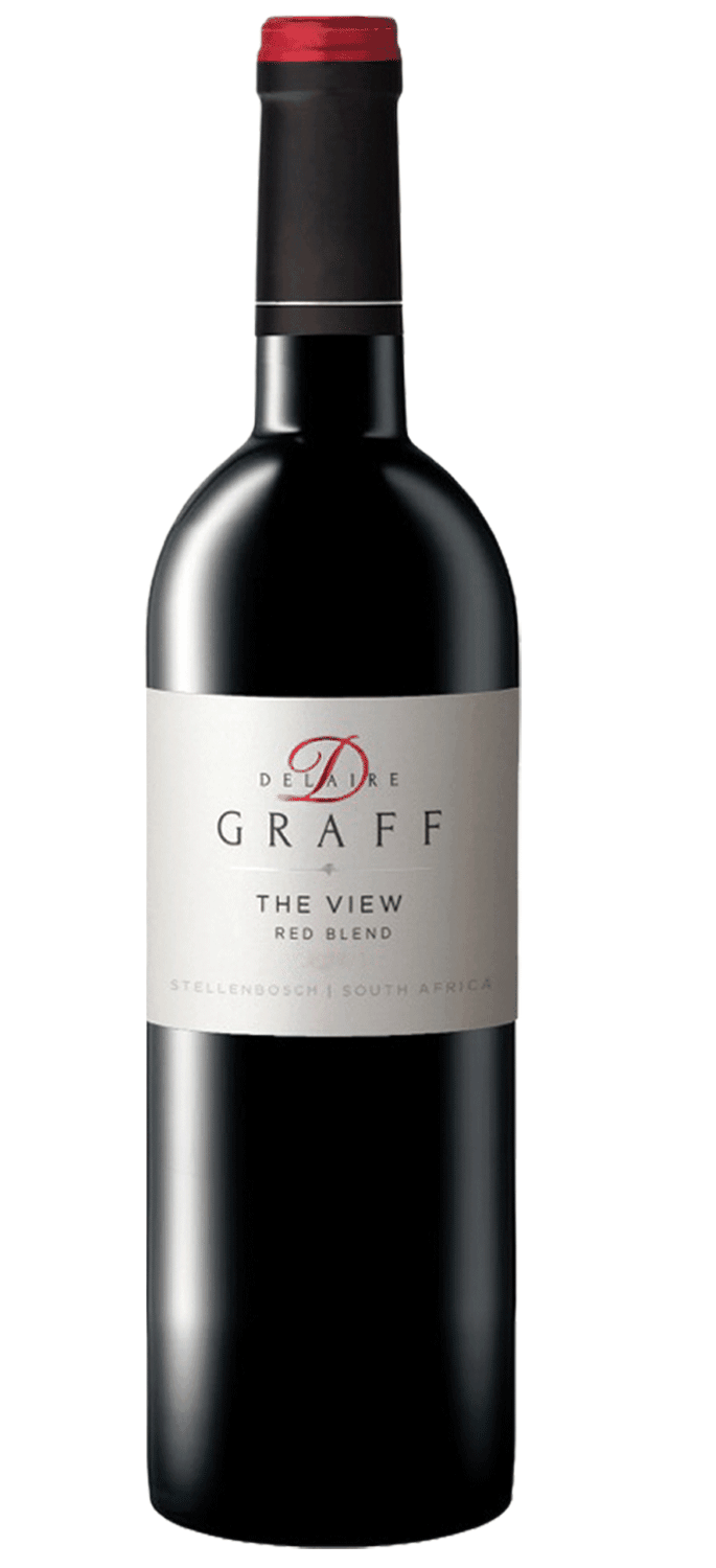 Eine Flasche De Drek Graff The View Red Blend Wein mit weißem Etikett und roten Akzenten, aufrecht stehend vor einem hellen Hintergrund.