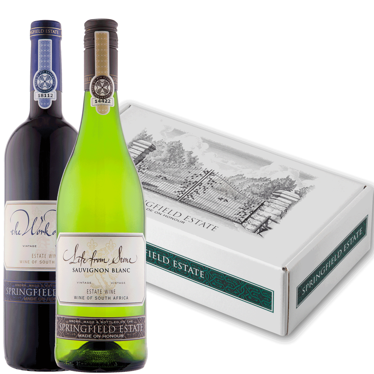 Zwei Flaschen Springfield Estate-Wein - eine rote (The Work of Time) und eine weiße (Life from Stone Sauvignon Blanc) - stehen vor einer dekorativen Springfield Estate-Geschenkbox mit einer Illustration eines Tors und eines Weinbergs.