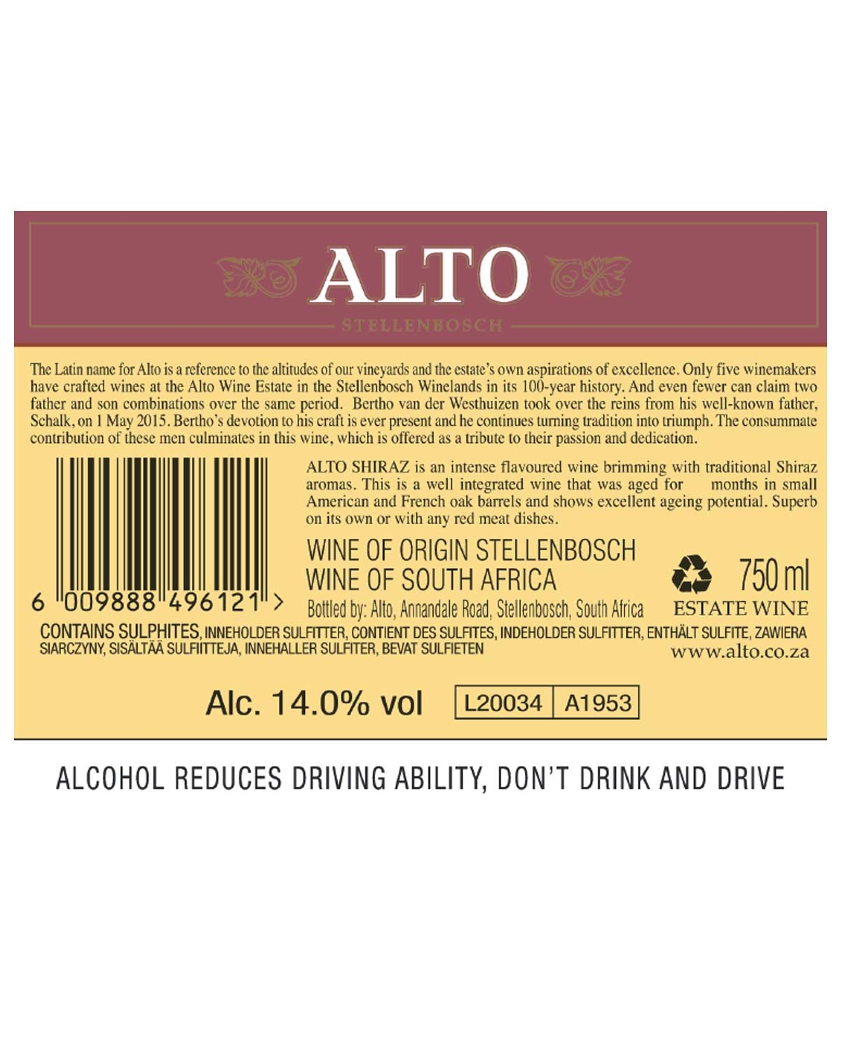 Weinflaschenetikett für ALTO Stellenbosch Shiraz aus Südafrika, 750ml, 14% Alkohol. Enthält eine detaillierte Beschreibung, Barcode, Chargennummern und eine Warnung: Alkohol beeinträchtigt die Fahrtüchtigkeit, nicht trinken und fahren.