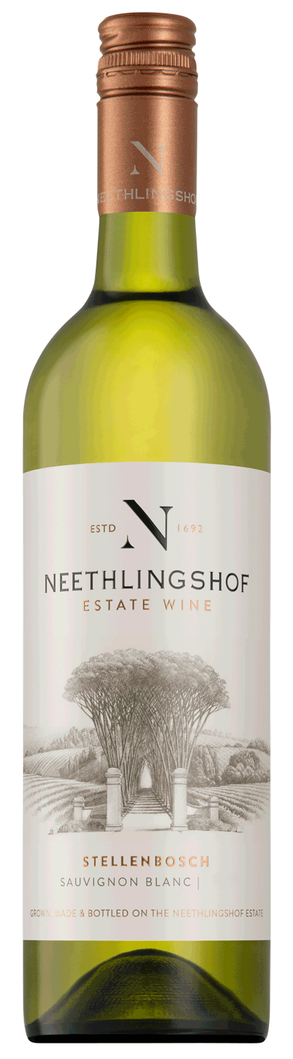 Eine grüne Flasche Neethlingshof Estate Wine Sauvignon Blanc aus Stellenbosch mit einem cremefarbenen Etikett mit einer Abbildung des Weinbergs und einem kupferfarbenen Schraubverschluss.