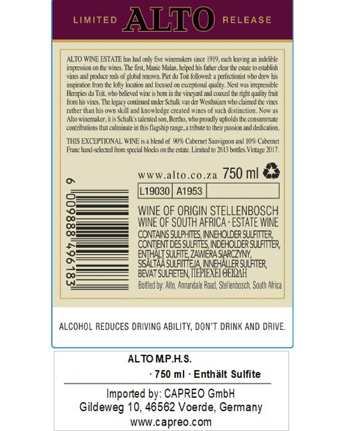 Ein Weinetikett für ALTO Limited Release, das ihn als 750-ml-Gutswein aus Stellenbosch, Südafrika, ausweist. Es enthält Verkostungsnotizen, eine Alkoholwarnung, Informationen zum Importeur und einen Strichcode. Das Etikett ist in Burgunderrot und Beige
