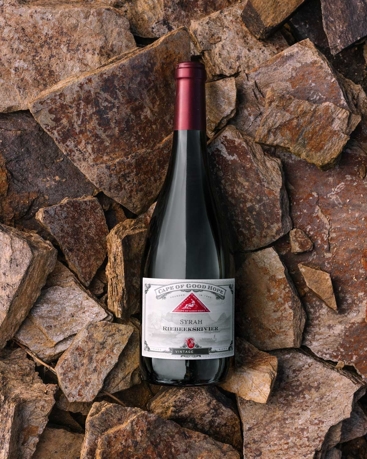 Eine Flasche Syrah-Wein vom Kap der Guten Hoffnung liegt auf einer Fläche aus großen, braunen und hellbraunen Steinen, wobei das Etikett in der Mitte des Bildes deutlich sichtbar ist.