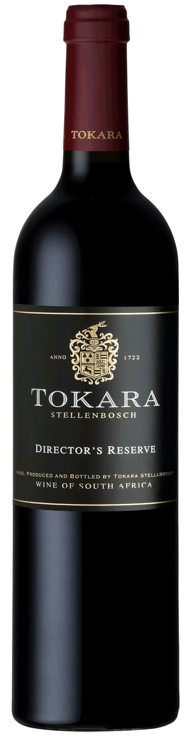 Eine Flasche Tokara Director's Reserve Rotwein aus Stellenbosch, Südafrika. Die Flasche hat ein schwarzes, goldfarbenes Etikett mit einem Wappen und goldenem Text und eine dunkelrote Kapsel, die den Deckel bedeckt.