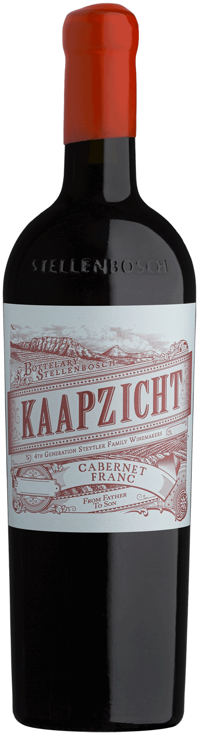 Eine dunkle Glasflasche mit Kaapzicht Cabernet Franc Wein aus Stellenbosch, mit rotem Verschluss und weiß-rotem Etikett mit Text im Vintage-Stil und dekorativen Umrandungen.