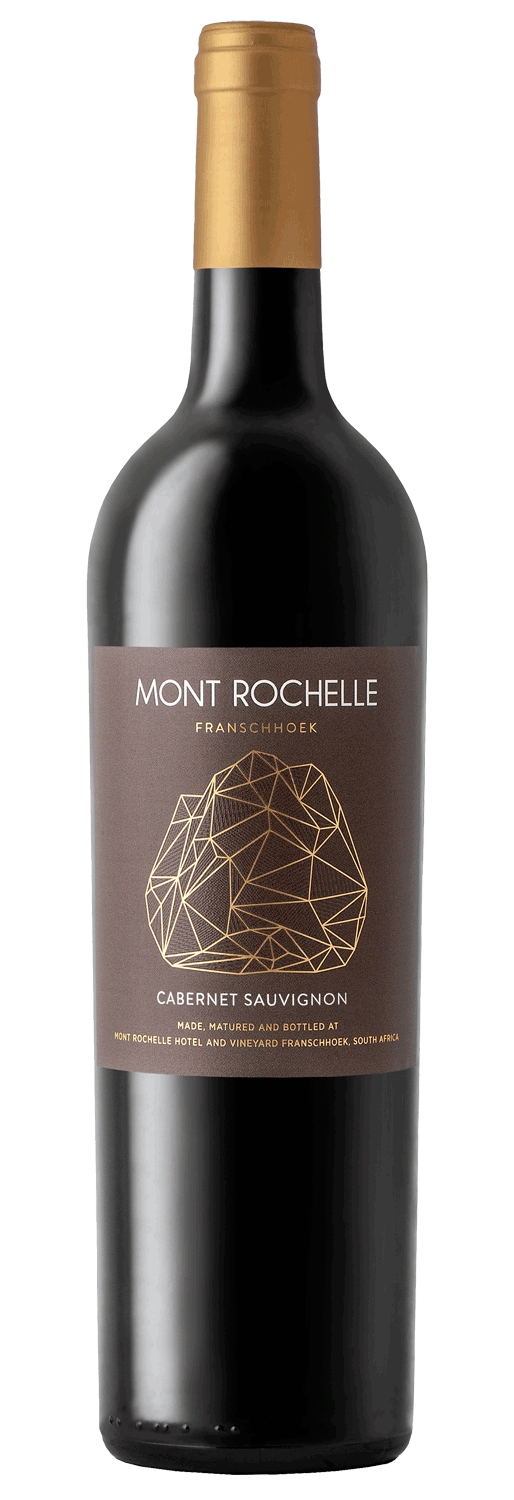 Eine Flasche Mont Rochelle Franschhoek Cabernet Sauvignon mit einem Deckel aus Goldfolie und einem dunkelbraunen Etikett mit geometrischem Goldmuster und weißem Text.