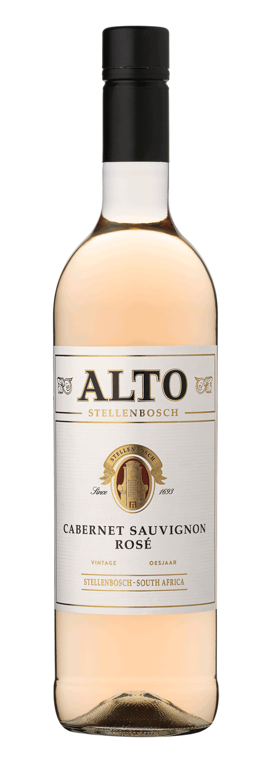 Eine Flasche Alto Stellenbosch Cabernet Sauvignon Rosé mit einem weiß-goldenen Etikett, auf dem das Wappen des Weinguts und der Text "Stellenbosch, Südafrika" zu lesen sind.
