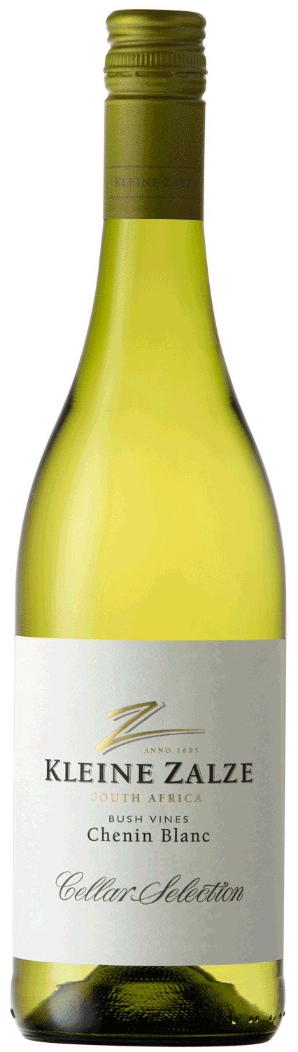 Eine Flasche Kleine Zalze Cellar Selection Chenin Blanc Weißwein aus Südafrika, mit einer hellen grünlich-gelben Farbe mit einem goldenen Schraubverschluss und einem weißen Etikett mit der Marke und Wein Details.