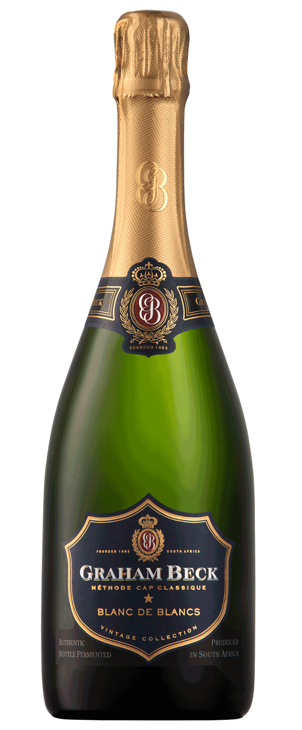 Eine Flasche Graham Beck Blanc de Blancs Sekt mit Goldfolie am Hals und einem dunkelblau-goldenen Etikett mit dem Markennamen und Details.