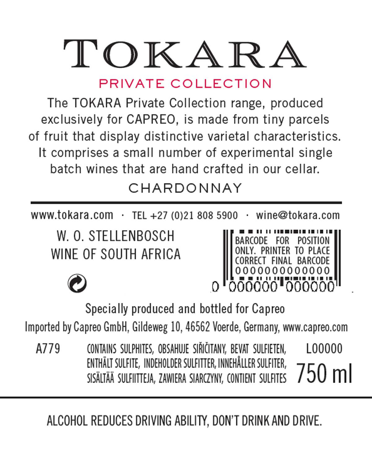 Weinetikett für Tokara Private Collection Chardonnay mit der Herkunftsangabe Stellenbosch, Südafrika, mit Kontaktinformationen, Volumen (750 ml), Zutatenliste und einer Alkoholwarnung am unteren Rand. Schwarzer und roter Text auf weißem Hintergrund.