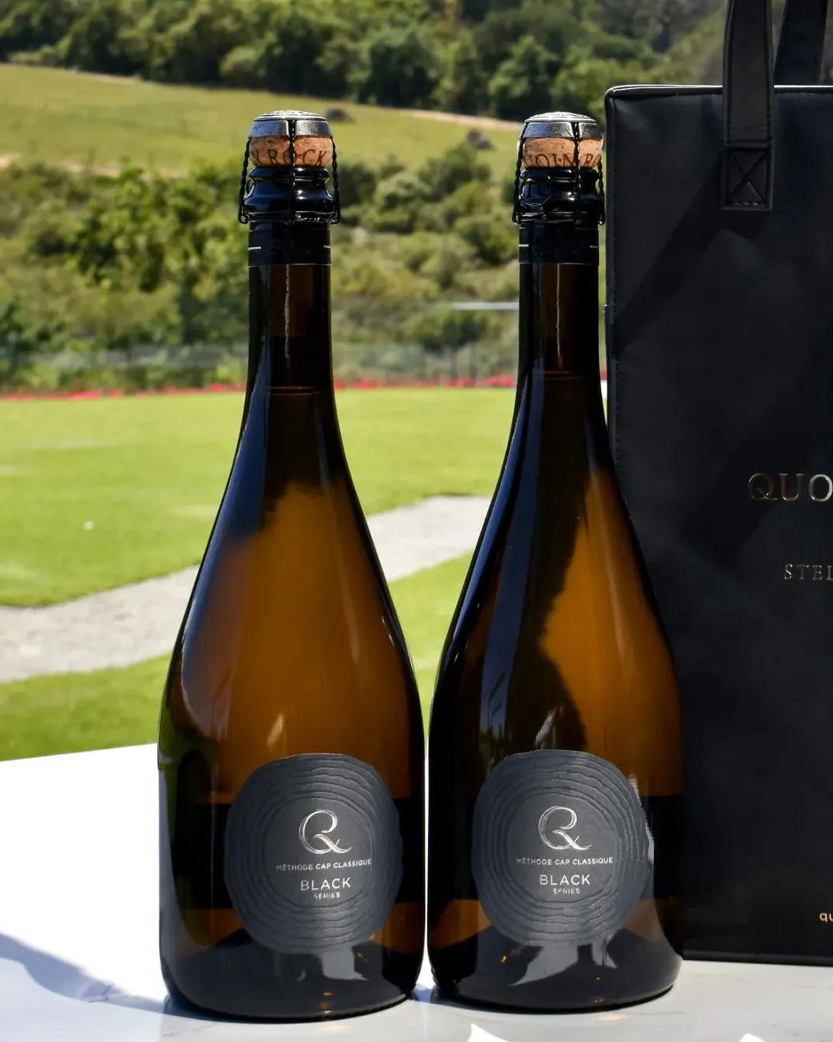 Eine Champagnerflasche aus dunklem Glas mit Korken und Drahtkäfig, mit einem metallisch schwarzen Etikett mit stilisiertem Text und kreisförmigem Design. Das Etikett trägt die Aufschrift BLACK und hat ein modernes, minimalistisches Aussehen.