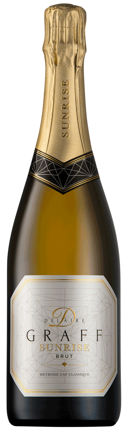Eine Flasche Graham Beck Sunrise Brut Sekt mit einem goldenen Folienverschluss und einem geometrisch gemusterten Etikett mit dem Markennamen und Produktangaben.