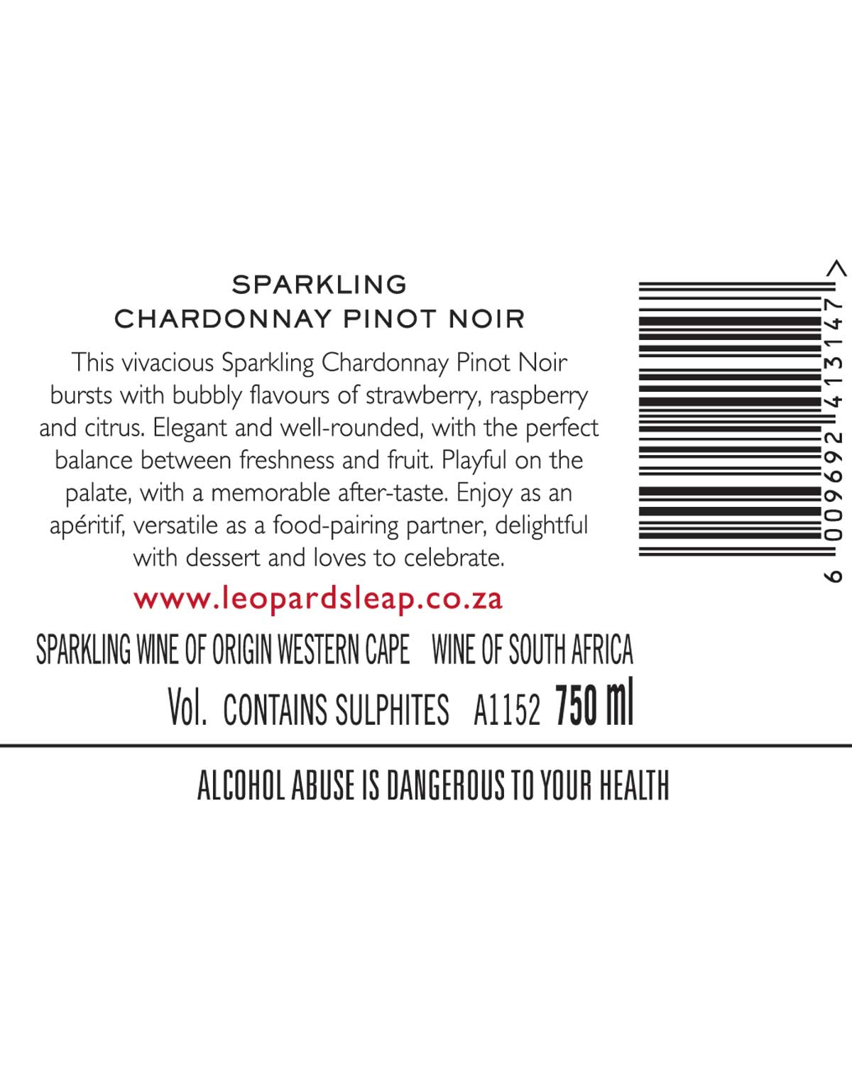 Weinflaschenetikett für Leopard's Leap Sparkling Chardonnay Pinot Noir. Die Beschreibung hebt die fruchtigen Aromen, Vorschläge für die Kombination mit anderen Weinen und den festlichen Charakter hervor. Gibt Herkunft (Westkap, Südafrika), Volumen (75