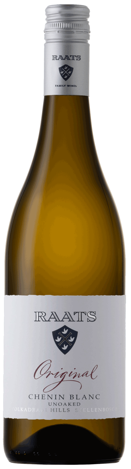 Eine Flasche Raats Original Chenin Blanc mit weißem Etikett, auf dem das Raats-Logo und der Text in Schwarz und Rot abgebildet sind. Die Flasche hat einen silbernen Schraubverschluss.