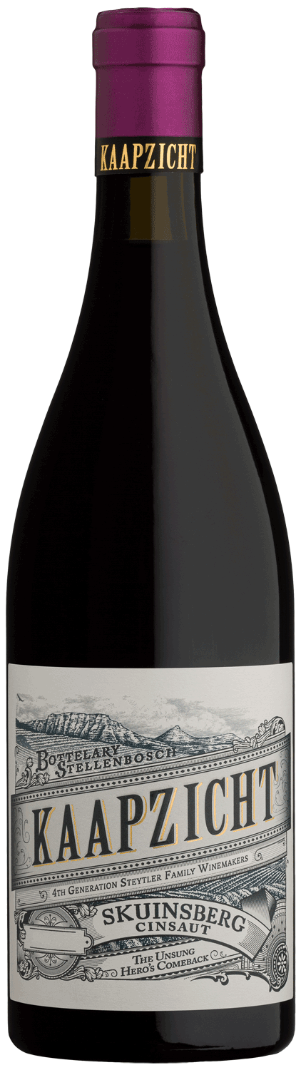 Eine Flasche Kaapzicht Skynsberg Wein mit violettem Verschluss, goldenem und schwarzem Etiketttext und einer detaillierten Illustration im Vintage-Stil auf dem Etikett.
