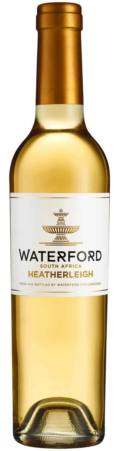 Eine Flasche Waterford Heatherleigh Wein aus Südafrika mit einem goldenen Verschluss und einem weißen Etikett mit goldener und schwarzer Schrift und einem dekorativen Emblem.