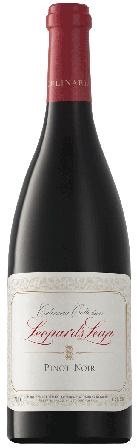 Eine Flasche Leopards Leap Culinaria Collection Pinot Noir mit rotem Verschluss und einem cremefarbenen Etikett mit goldener und roter Schrift.