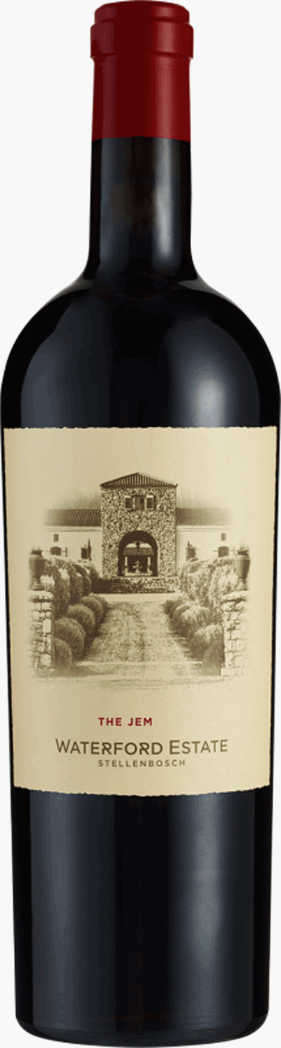 Eine Flasche Waterford Estate Rotwein mit rotem Verschluss und einem Etikett mit der Abbildung eines Steingebäudes steht neben einem schwarzen Geschenkkarton mit goldenem Etikett und Schleife.