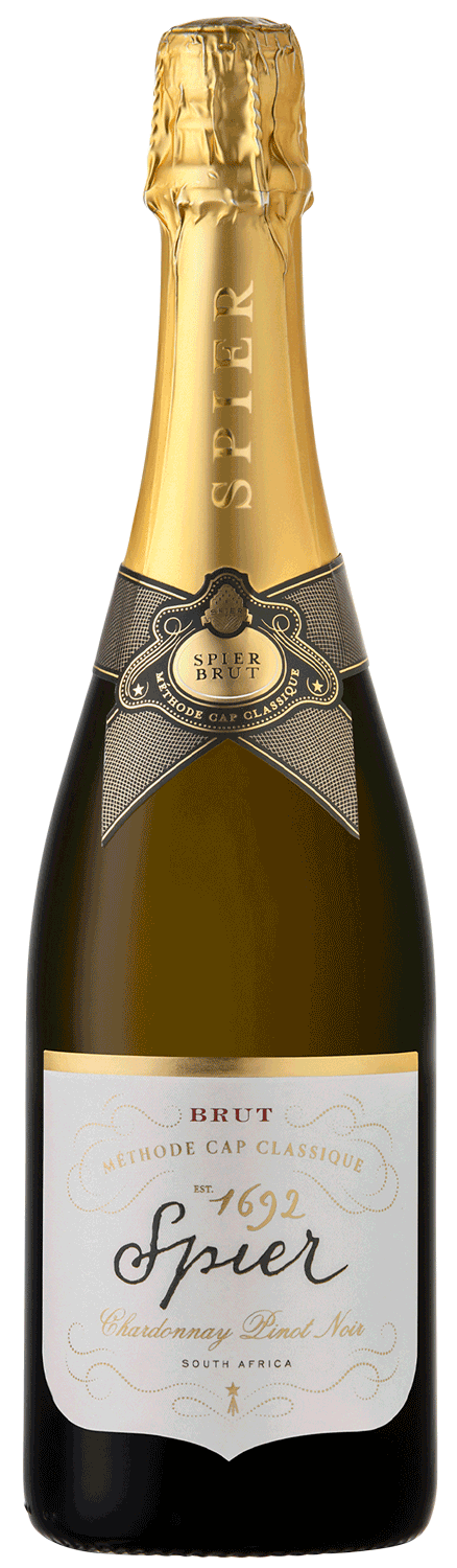 Eine Flasche Spier Brut Sekt mit Goldfolienverschluss, einem Schmucketikett und der Aufschrift Méthode Cap Classique Chardonnay Pinot Noir auf der Vorderseite.