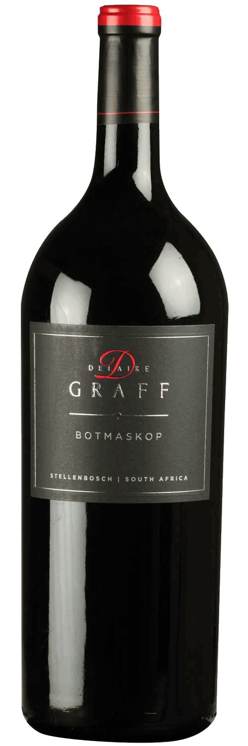 Eine große dunkle Glasflasche Delaire Graff Botmaskop Rotwein mit einem schwarzen und roten Etikett, und eine rote Folie Kapsel über den Korken. Das Etikett zeigt an, dass es aus Stellenbosch, Südafrika ist.