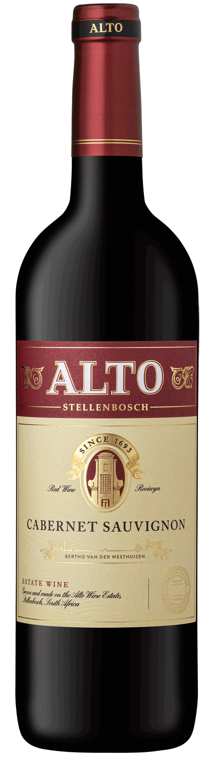 Eine Flasche Alto Stellenbosch Cabernet Sauvignon mit einem rot-goldenen Etikett mit dem Alto-Logo, einer Illustration des Weinguts und einem Text, der den Ursprung des Weins in Südafrika beschreibt.