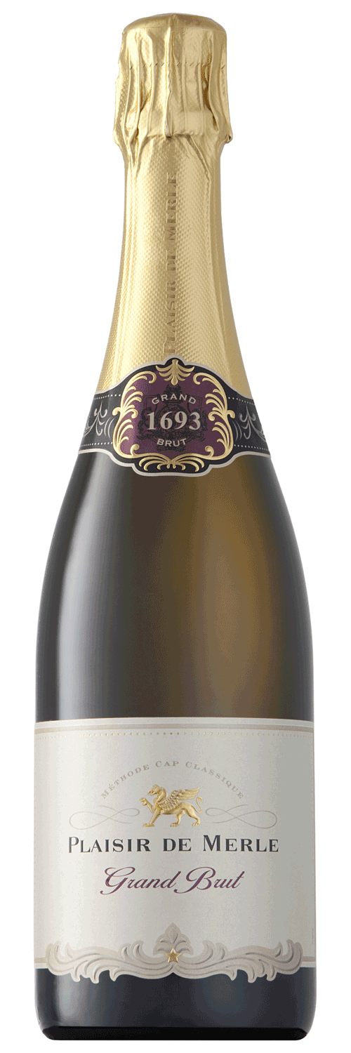 Eine Flasche Plaisir de Merle Grand Brut Sekt mit goldenem Deckel, violett-goldenem Halsetikett und weißem Hauptetikett mit elegantem Text auf einfarbigem Hintergrund.