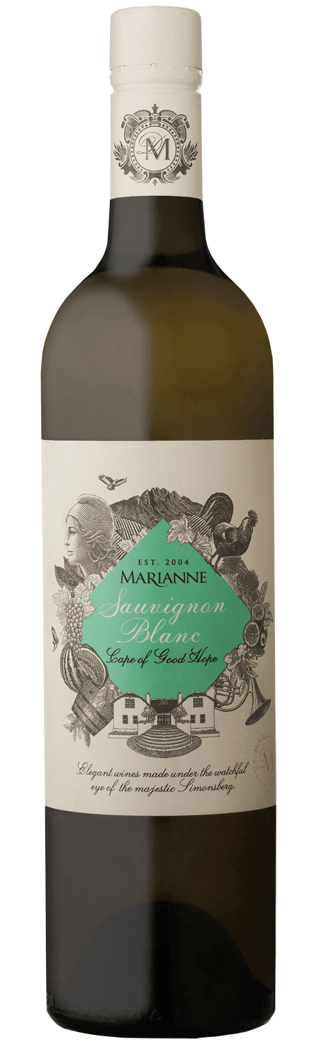 Eine Flasche Marianne Sauvignon Blanc mit einem weißen Etikett, auf dem ein illustrierter Vogel, Blumen und eine grüne Raute mit dem Namen des Weins abgebildet sind. Der Text gibt an, dass er vom Kap der Guten Hoffnung stammt.